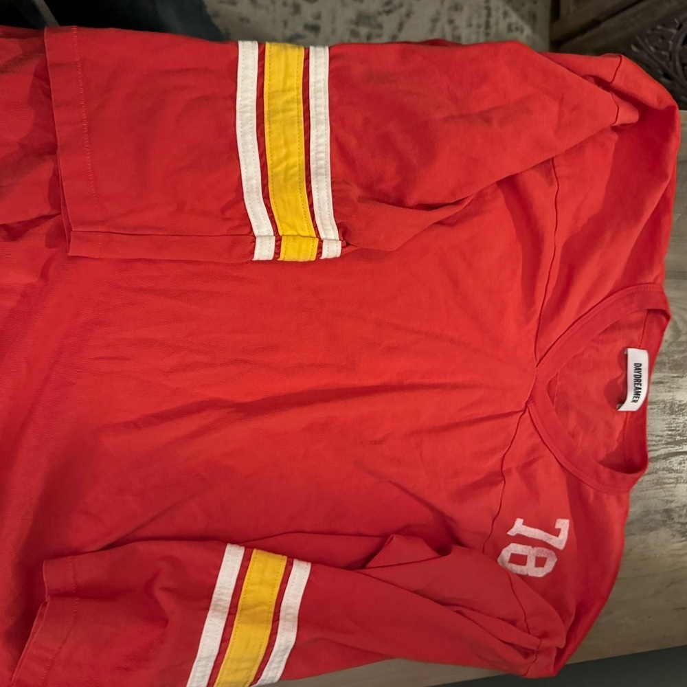 Daydreamer Red V-Neck Jersey with Striped Sleeves - Picture 4 of 6
